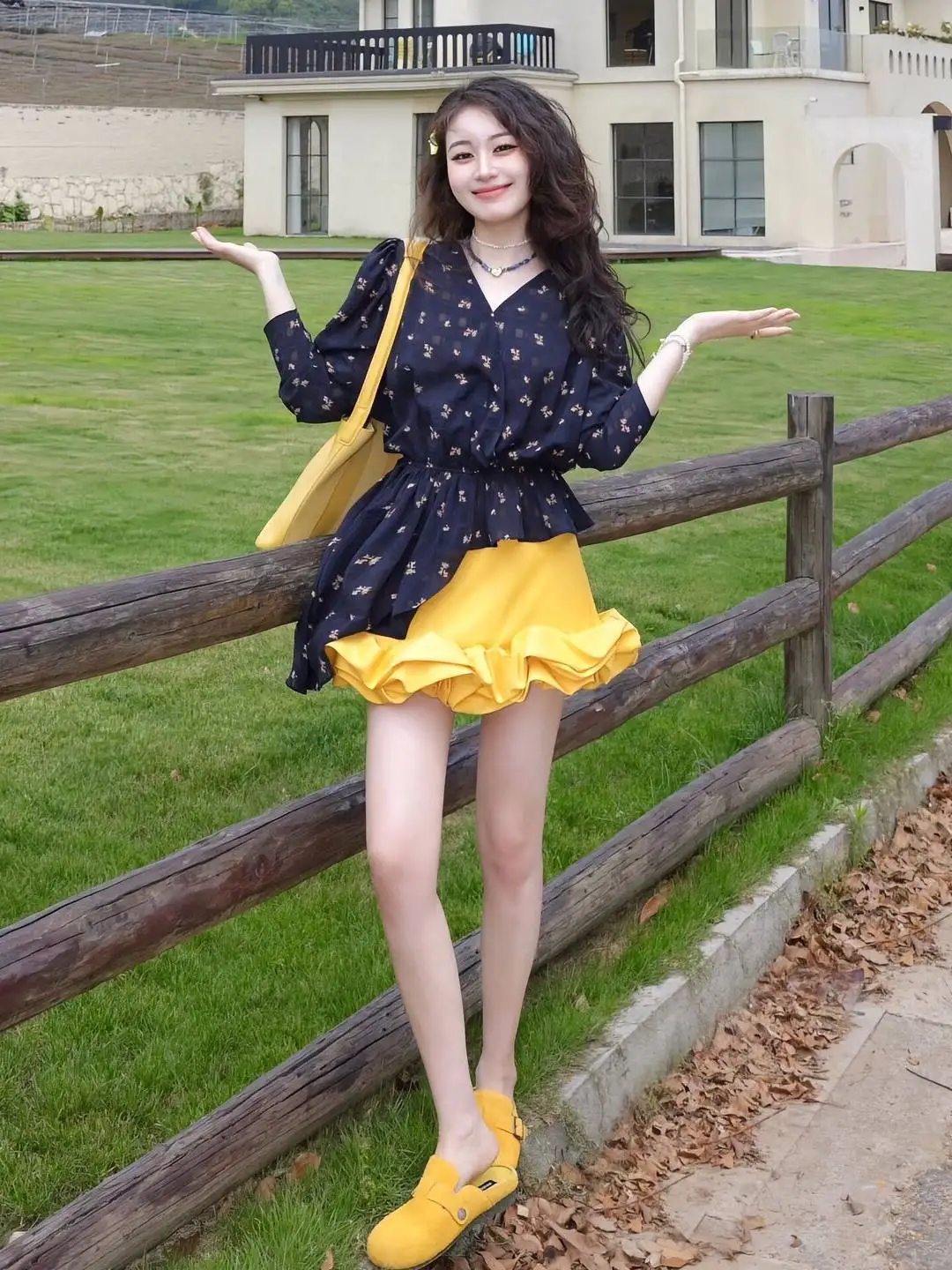 French Style High-End Temperament Retro Floral V-Neck Long Sleeved Shirt Pleated Hem Skirt For Women Spring Summer Two-Piece Set