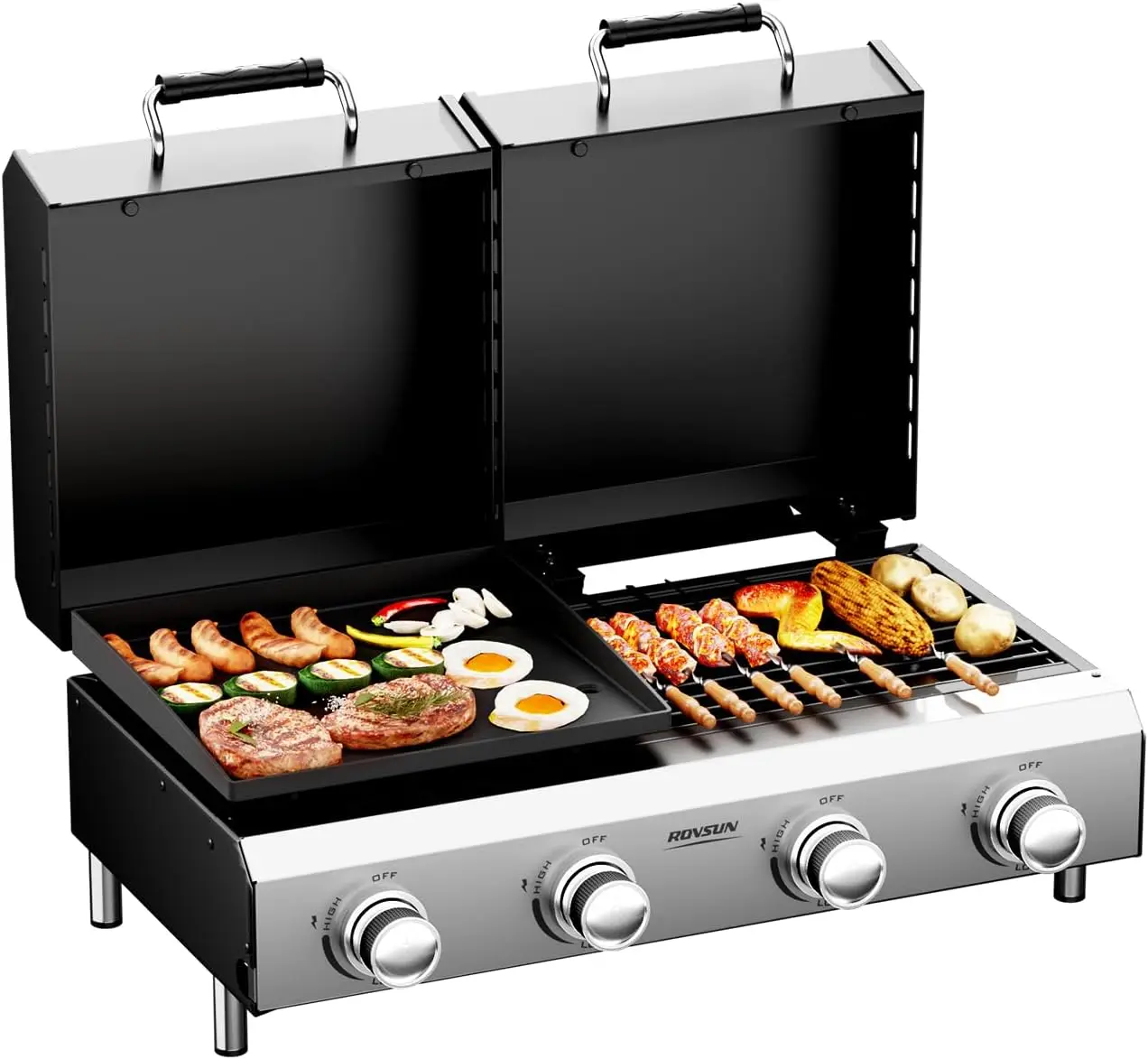 4 - Burner Tabletop Propane Gas Grill and Griddle Combo for Outdoor Backyard BBQ - 40,000 BTU, Auto Ignition, Enamel Grate