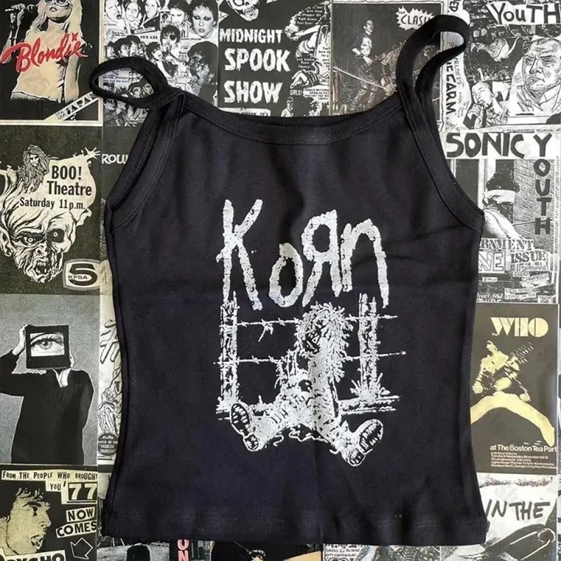 Women Sexy Slim Black Vest Aesthetic Doll Graphics Baby Tee Goth Casual Camis Sleeveless Punk Streetwear Slim Y2k Style Crop Top