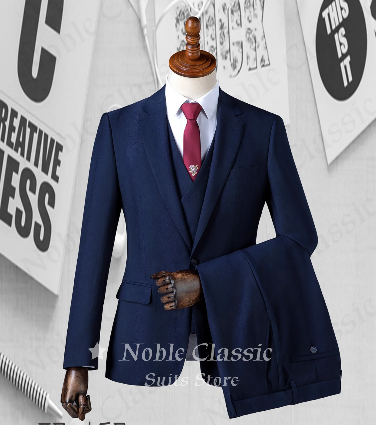 Men Navy Solid 3 Piece Suit Notch Lapel One Button Blazer Waistcoat Cuffed Ankle Trousers Slim Wedding Guest Gala Customized