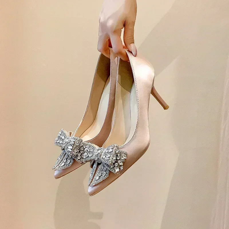 6cm Shoes Luxury Women Satin Pointed Toe with Rhinestone Bow Sexy High Heels Banquet Party Women Shoes 43