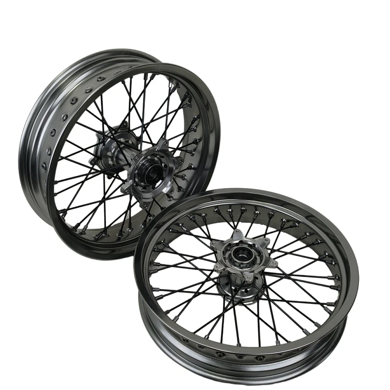 

17 Supermoto Wheels Fit YZ YZF Dark Silver Motorcycle Wheel Set Supermoto Motard Spoke Wheels