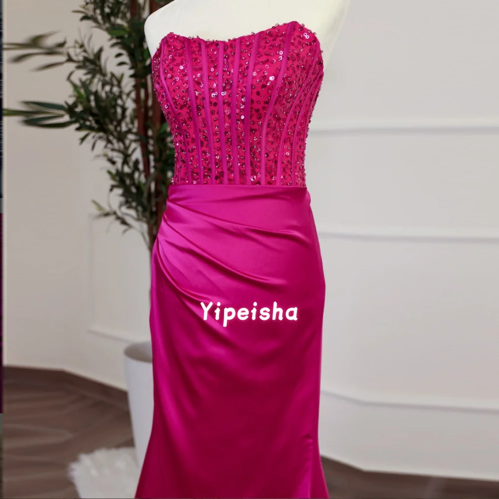 

Customized Modest Sexy Sequined Pleat Mermaid Strapless Long Prom Dresses Sleeveless Evening Dress High Quality