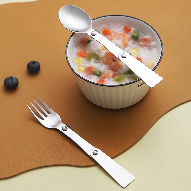 Portable Collapsible Stainless Steel Cutlery Set - Spoon Fork with Mini Storage Case Foldable Tableware for Camping Travel view 3