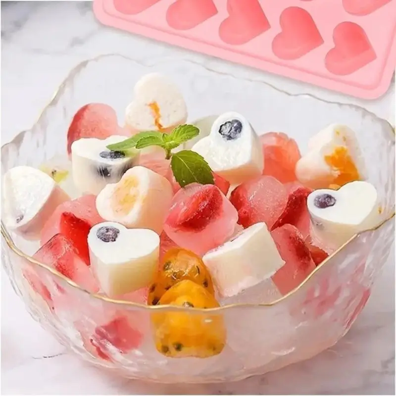 Ice Tray, Silicone Easy Release  Mold, Reusable Love Heart Pink Blue Red 10 Compartment Cupcake Mold For Baking Freezing