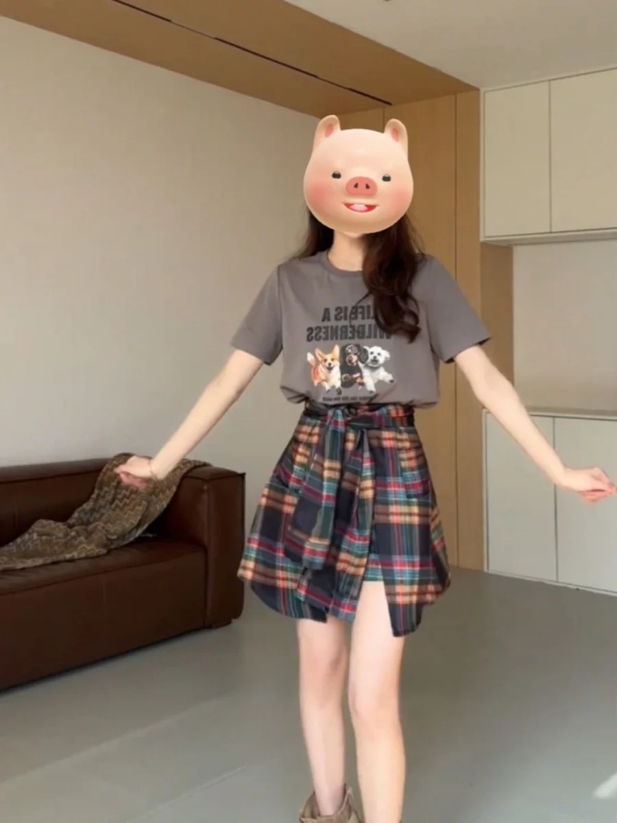 

plus Size Fashionable Set Women's Summer Retro Short Sleeve T-Shirt Top Plaid Slimming Half Skirt Two Piece Set round Neck