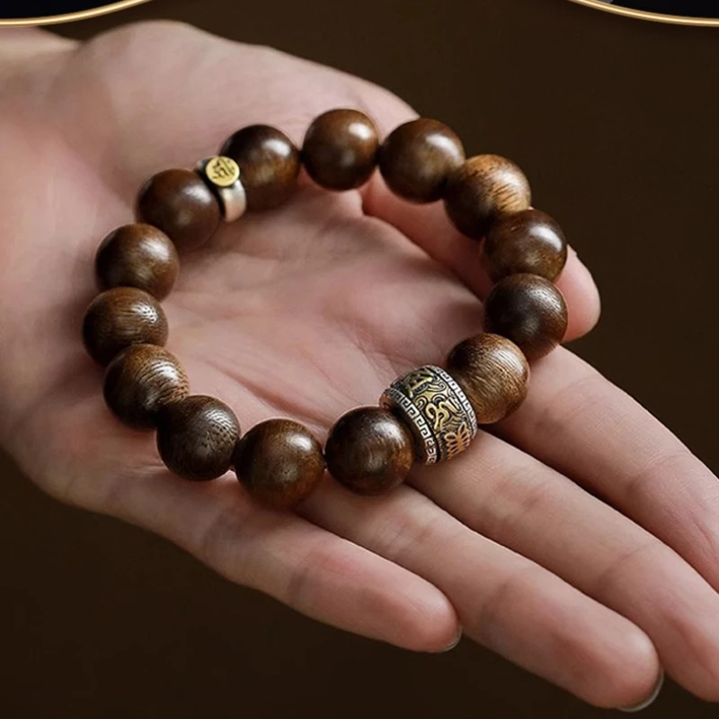 

Natural Submerged Agarwood Bracelet for Men with Six-Word Mantra, Fortune Beads, Zodiac Birthstone Buddha Beads Bracelet Gift