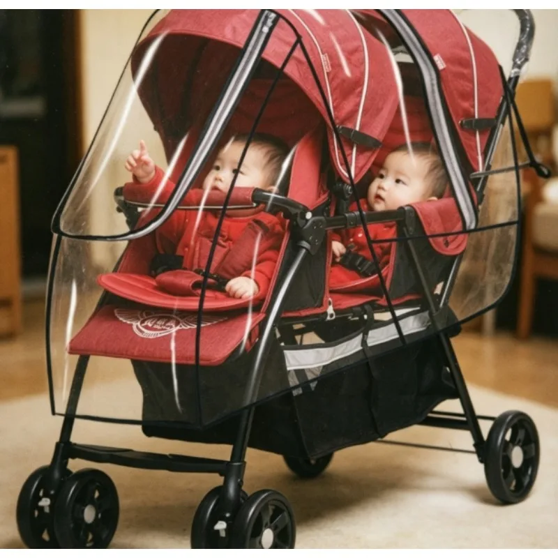 

Tandem Twin Stroller Rain Cover Clear Vinyl with Zipper for Easy Access for Baby Trolley Daily Commute