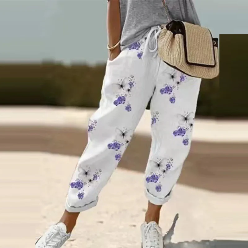 Ethnic Retro Print Women Mid-waist Ankle Length Pant Summer Cotton Linen Pocket Straight Trousers Lady Casual Drawstring Overall