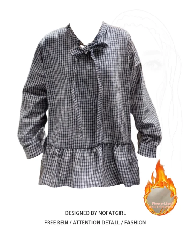 

plus Size Women's Plaid irt with Bow Tie Thiened Fce Inner Wear for Autumn Winter Warm Korean Sle Office Commute