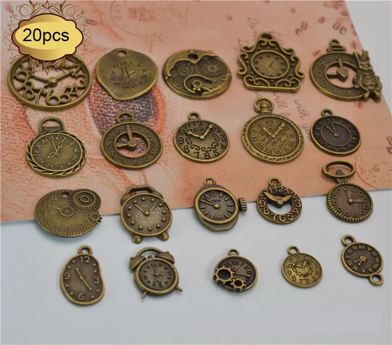 20 Pcs Antiqued Bronze Clock Face Charm Pendant Steampunk Charms for Necklace Bracelet Jewelry Making and DIY Crafting