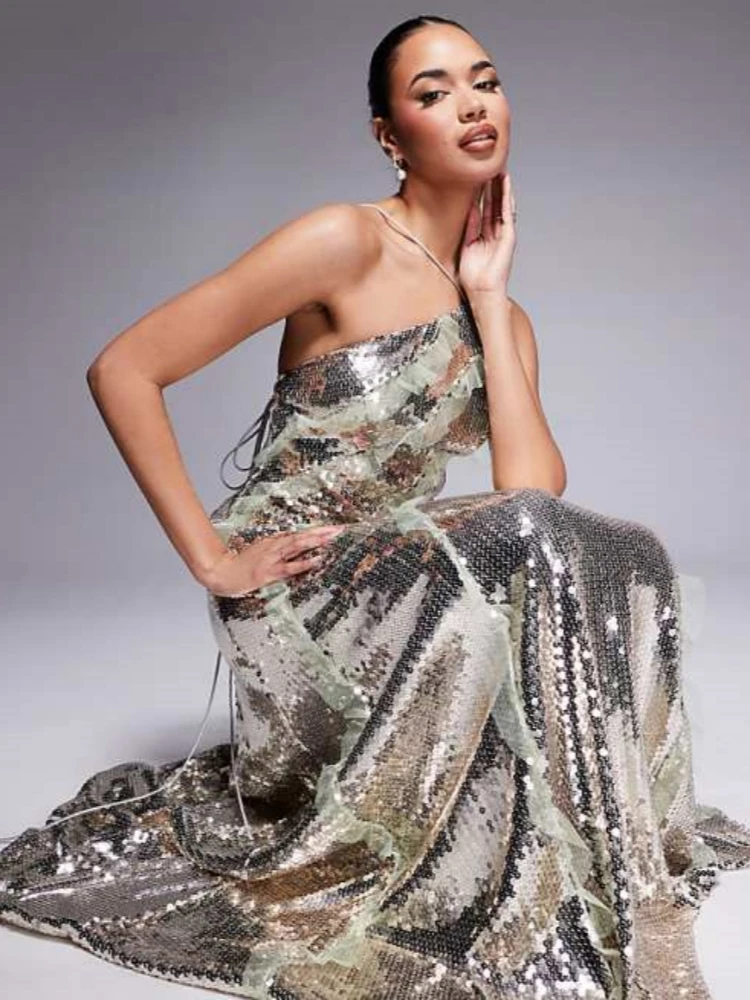 Sexy halter hals backless mesh ruches patchwork lange jurk dames zilveren pailletten mouwloze vetersluiting slanke jurken avondfeest