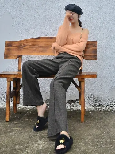 Imagen 2 del producto Pantalones de pierna ancha de lana cálidos para otoño e invierno, Pantalones de moda coreana para mujer, Pantalones de chándal rectos gruesos holgados de cintura alta informales