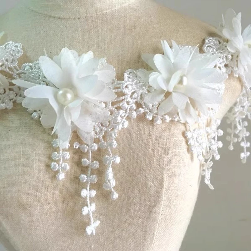 White 3D Chiffon Rose Lace Fabric Flower Pearl Beads Wedding Decor Lace Ribbon DIY Craft 8.5cm Wide