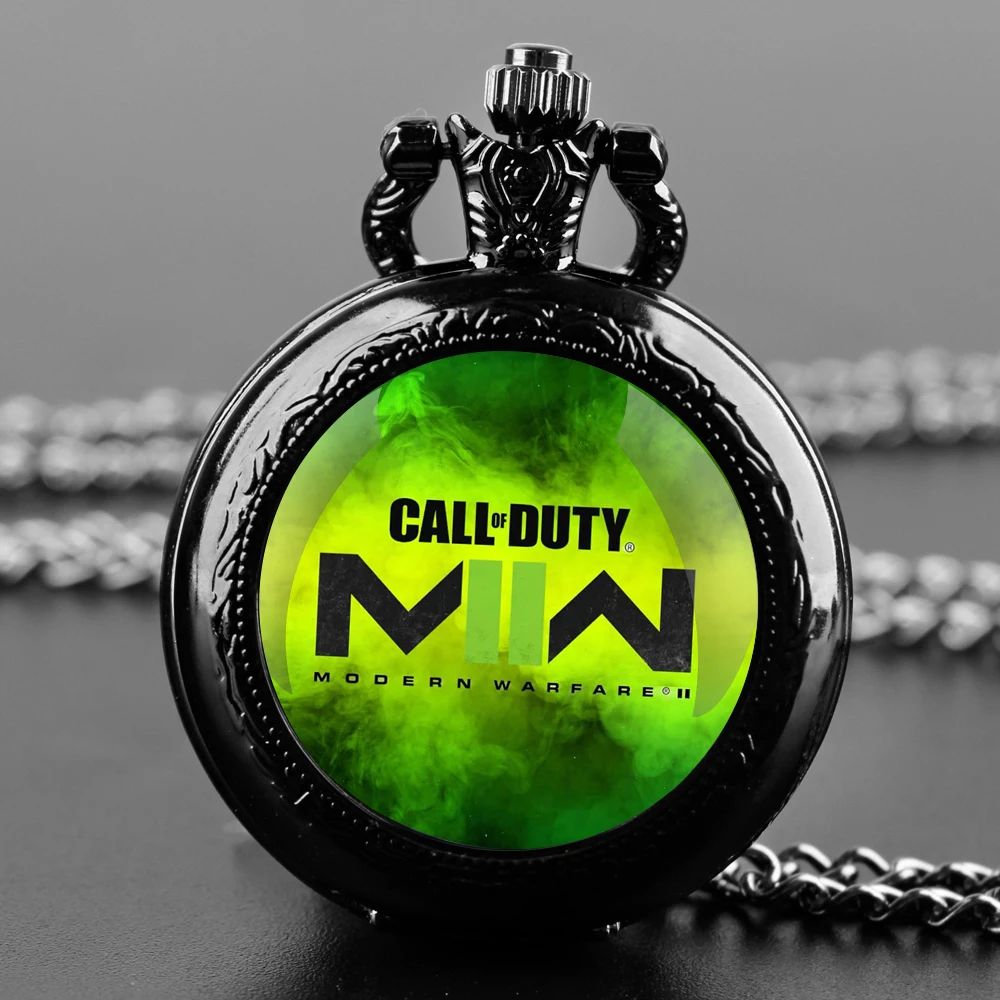 Vintage Black Call of Duty Ghosts Pocket Watch Necklace Quartz Movement with Chain Cool Gamer Accessory Gift for Men & Women