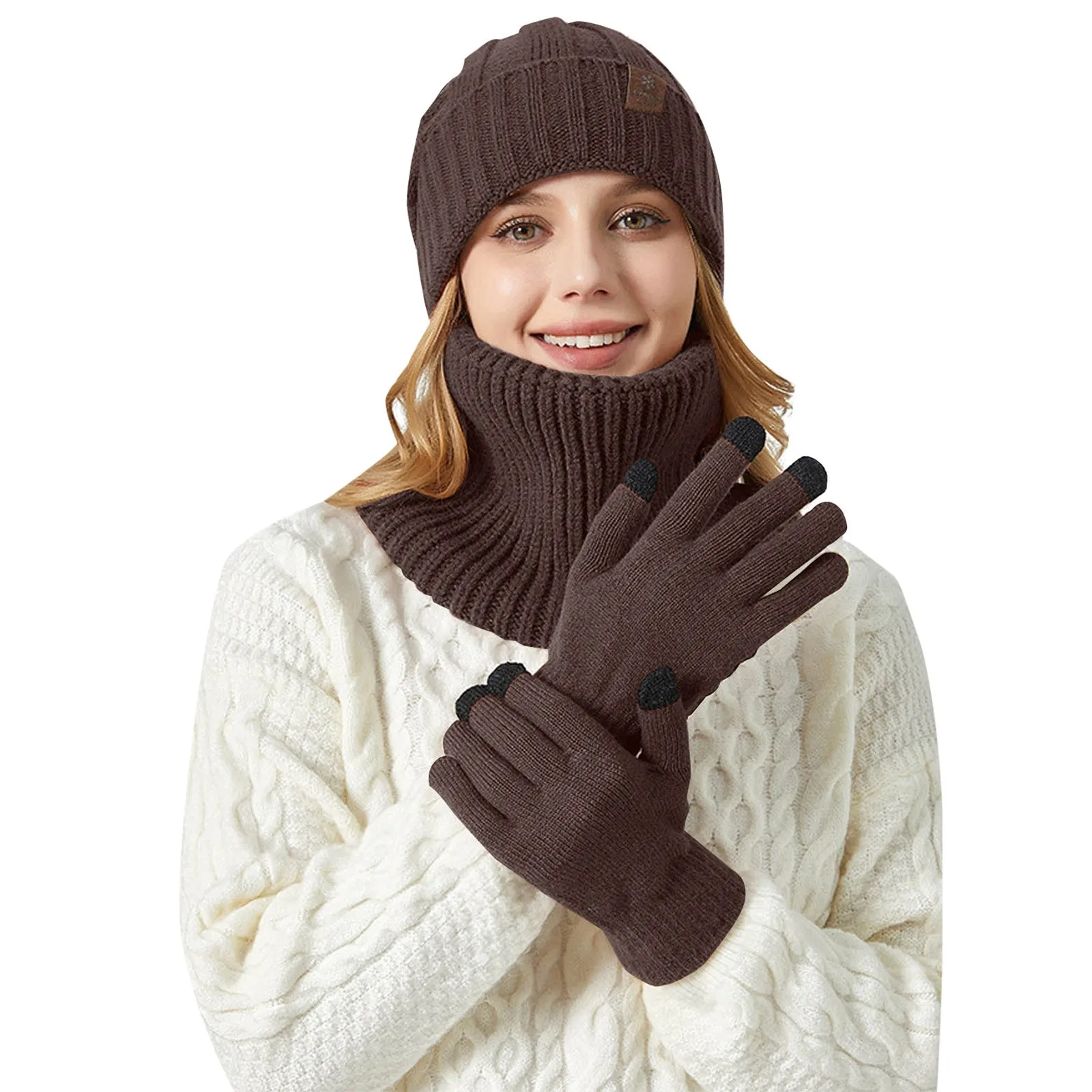 Ensemble Trois Pièces en Cachemire pour Femme, Chapeau, Écharpe et Gants