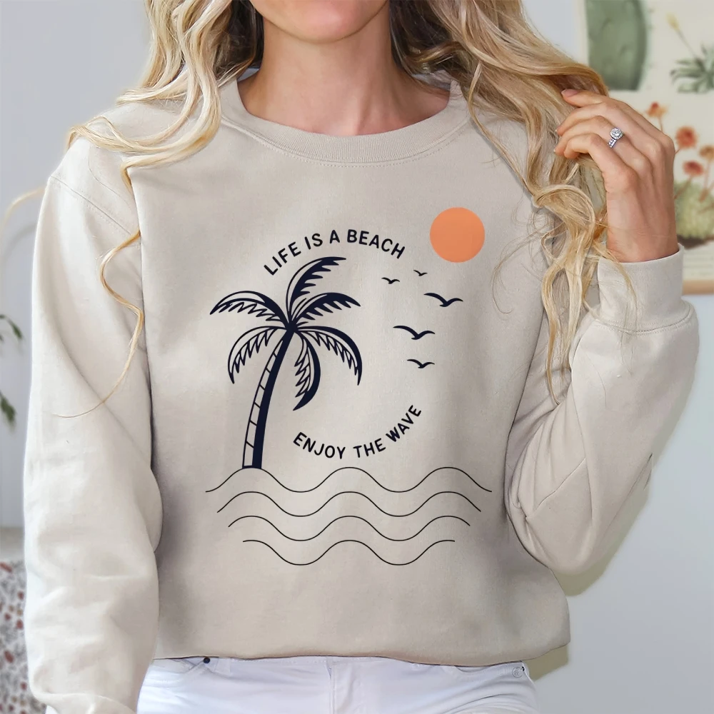 Y2K グラフィックカジュアルクルーネックスウェットシャツ女性服プリントストリート特大トップパーティー夏のココナッツの木快適な