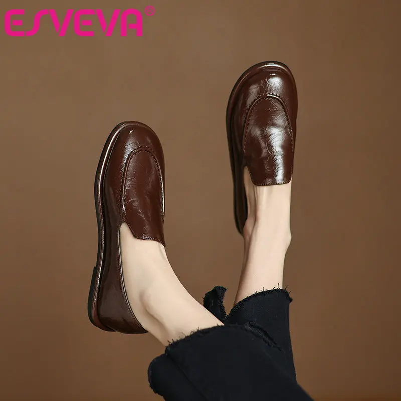 

ESVEVA 2025 новые женские лоферы с плоской подошвой и круглым носком, женские туфли на низком каблуке, размер: 34-42