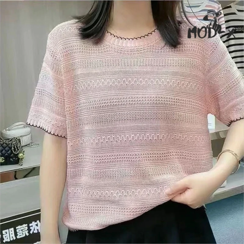 MODX Sweater kerah Crewneck wanita, baju Sweater tipis Model baru Atasan bawah longgar versi Korea warna kontras