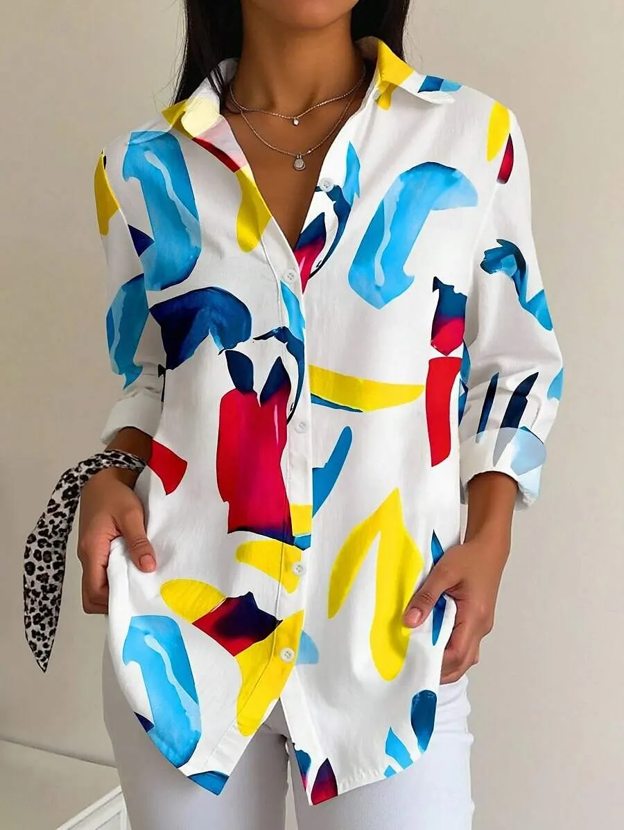 

Женская рубашка с рисунком омбре, элегантная винтажная тропическая рубашка с длинным рукавом и воротником, обычные топы, рабочие повседневные летние пуговицы с принтом