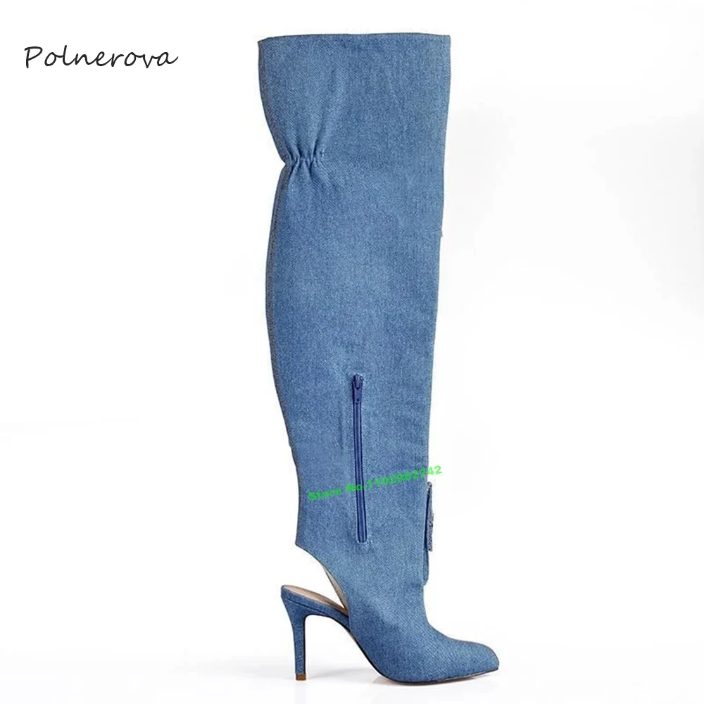 Botas altas de joelho jeans azul para mulheres, botas de salto alto finas, decoração de bolso, banquete de pista, mais recente, 2023