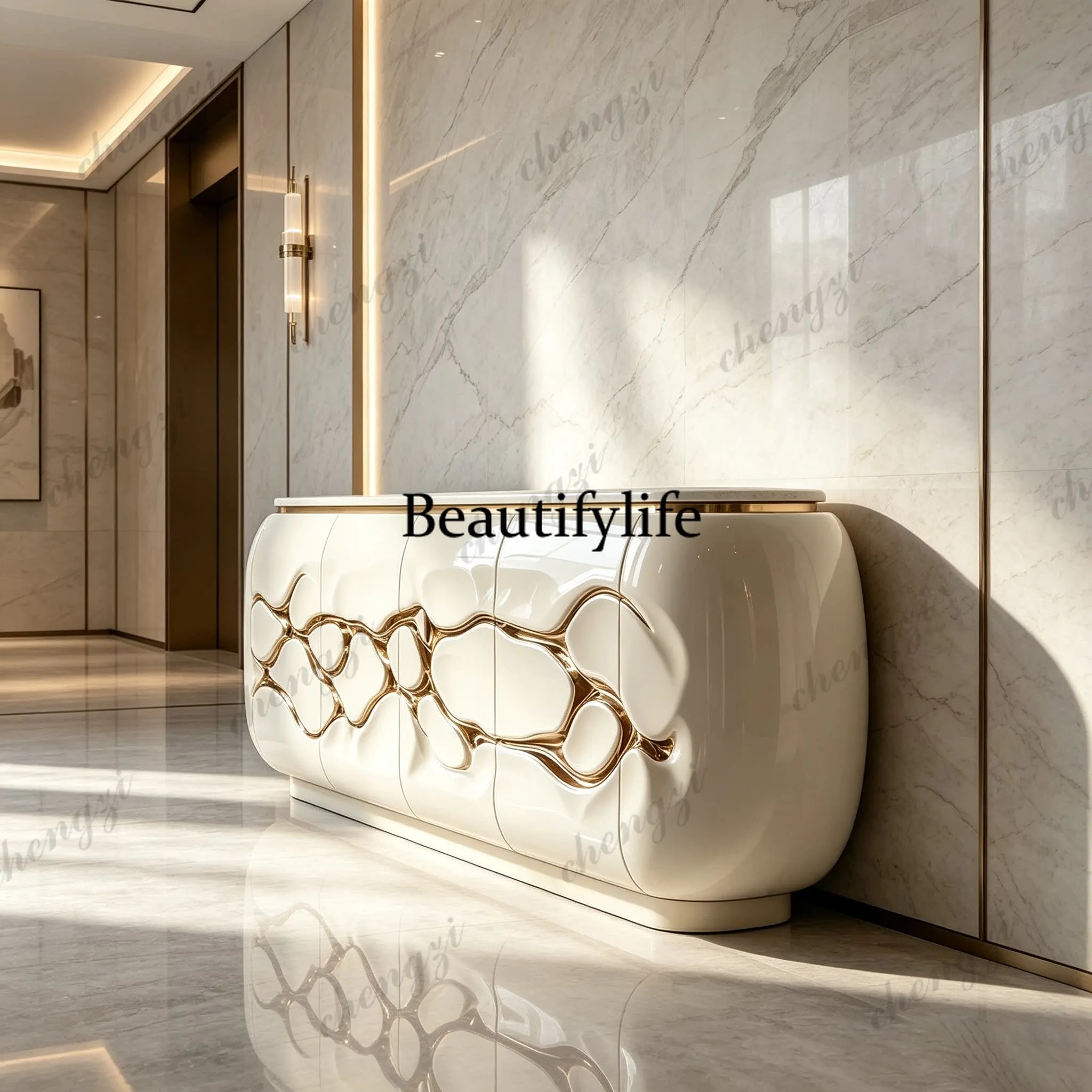 Light luxury curved sideboard, entryway cabinet, three-dimensional gilded display storage cabinet