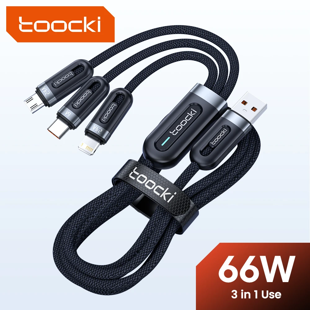 Toocki 66W 3 in 1 USB Cable For iPhone 14 13 12 Pro Max 6A USB Micro Wire Type C Cable For Huawei Samsung Xiaomi Poco Data Cord