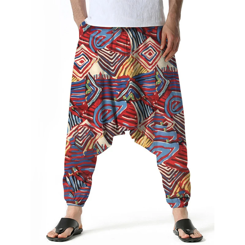 2025 nuevos pantalones Harem con entrepierna caída para hombre, estampados geométricos vibrantes, transpirables, ligeros, de secado rápido, ropa informal de Yoga para hombre