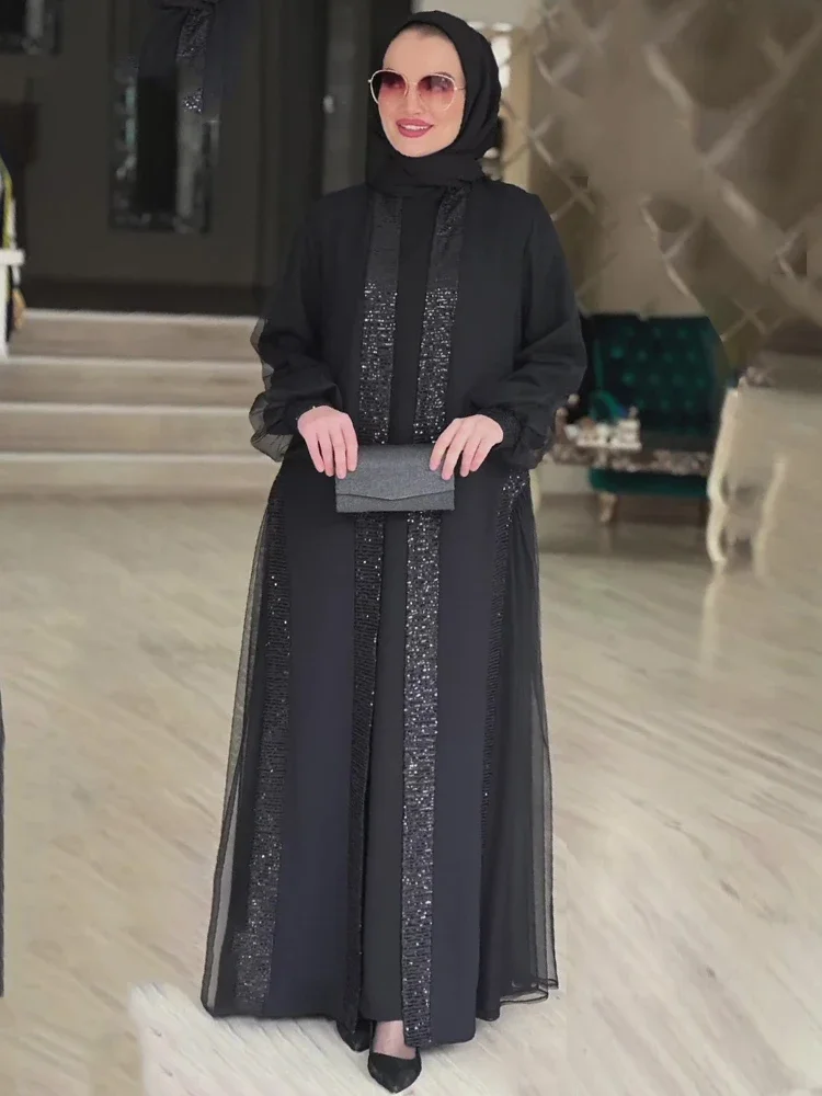 Muzułmańska skromna sukienka damska Jalabiya Vestidos Eid Ramadan Arabska długa szata Dubaj Islam Maroko Kaftan Abayas Cardigan Dresses 2024