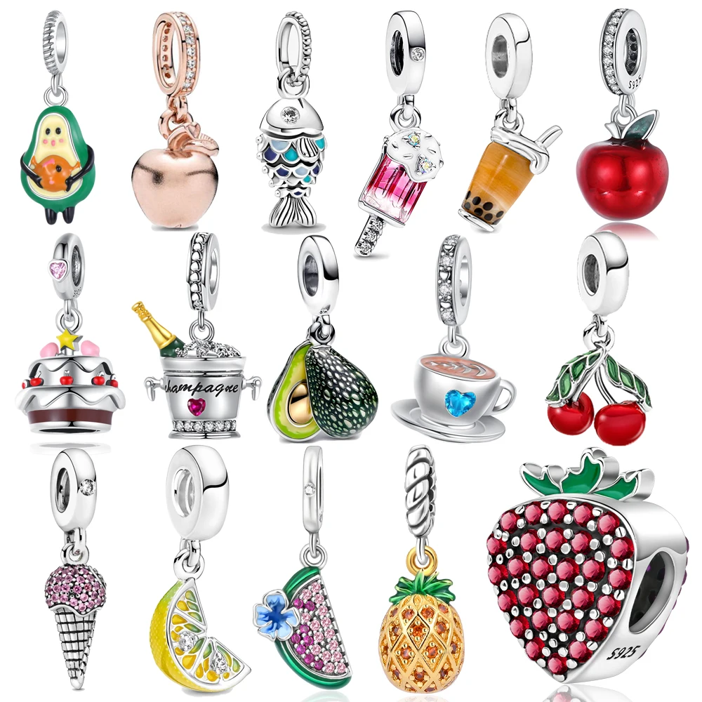 925 Sterling Silver Full Diamond Watermelon&Pineapple&Lemon&Ice Cream&Milk Tea Cup Dangle Charm Fit Brand Bracelet DIY Jewelry
