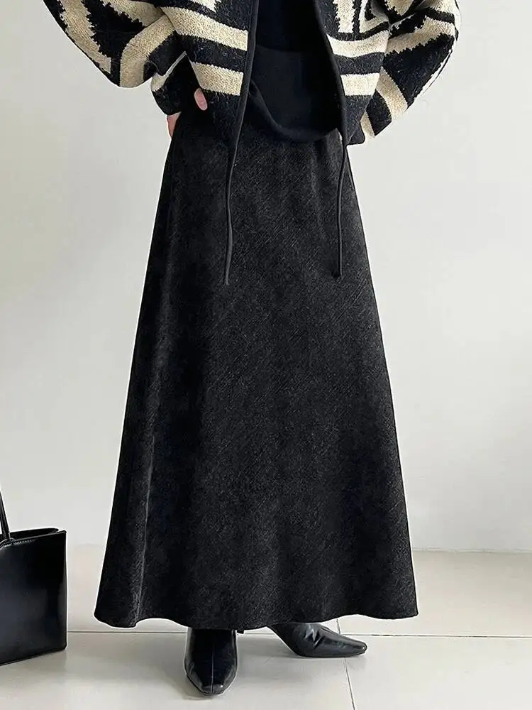 

High Elastic Waist Coffee Twill Vintage Long A-line Half-body Skirt Women Fashion Tide New Spring Autumn