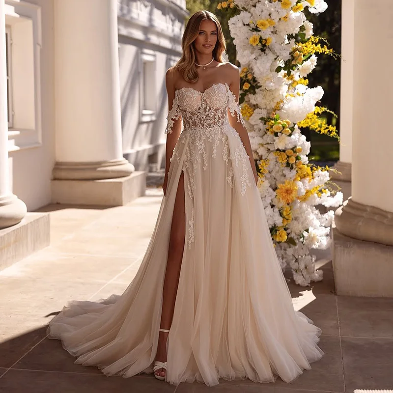 

Eightree Elegant A-Line Wedding Bridal Dresses Sweetheart Long Sleeve Lace Side Slit Princess Wedding Ball Prom Gowns Customized
