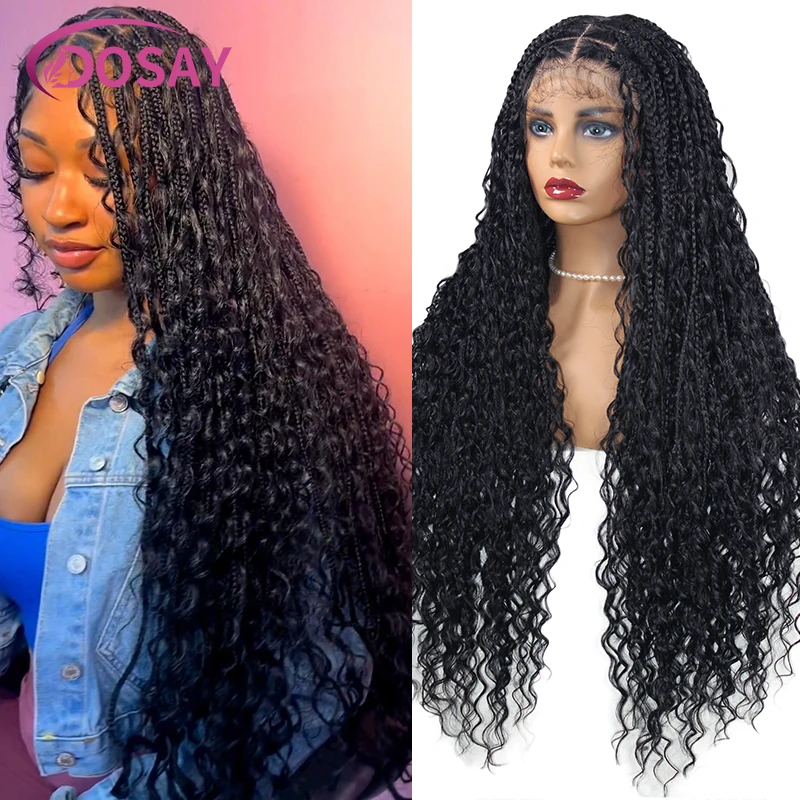 

32" Synthetic Boho Box Braided Wigs Curly Full Lace Front Braids Wigs For Women Bohemian Goddess Locs Knotless Lace Frontal Wig