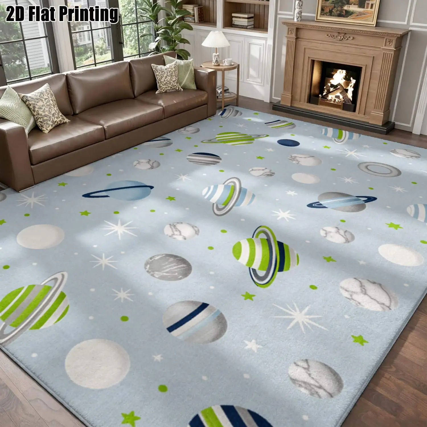 1Pc 2D Printed Blue-Green Planet Pattern Nordic/Instagram Style Carpet, Machine Washable, Multi-Size, Suitable for Multi-Scene Home Decoration