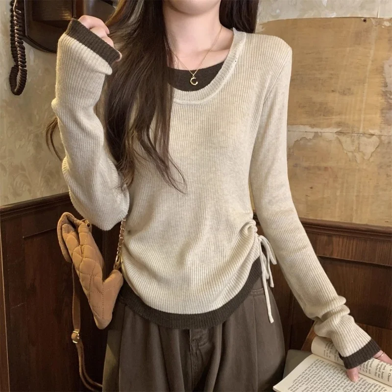2026 Women Korean Style Color Block U-Neck Drawstring Fake Two-Piece Knit Top Lady Elegant Versatile Daily Long Sleeve Top