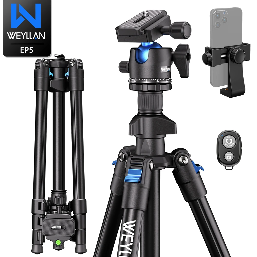 WEYLLAN 64 Inch Video Travel Tripod 360 Degree Ball Head Quick Release Plate Professional Tripod Max Load 8KG for DSLR Camera