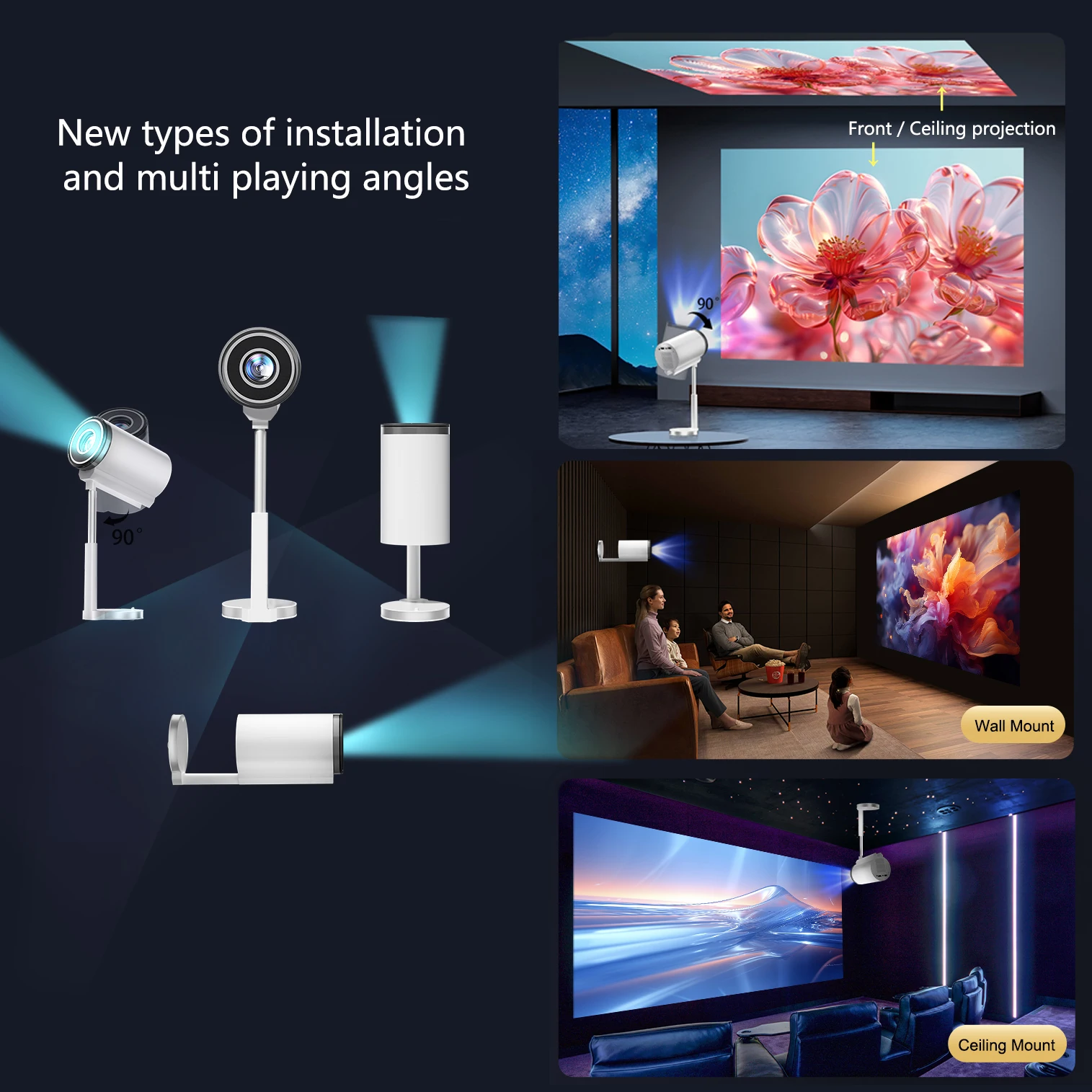 Feelwow Portable Projector 90°Adjust Stand Hight Adjustment  Native 1080p Support 4K  WiFi and Bluetooth Mini TS7