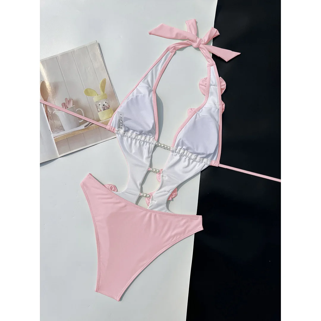 Rosa-rote Badeanzug-Bademode mit 3D-Blumenmuster, tiefem V-Ausschnitt, einteiliger Badeanzug für Damen, hoch geschnittene Beine, Monokini V6986P – Detail 5