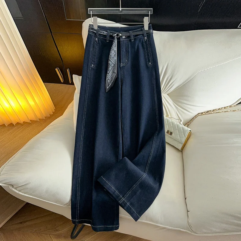 

Denim Blue Wide-Leg Loose Jeans for Women, Autumn Versatile Fashion High-Waisted Slimming Straight-Leg Casual Pants