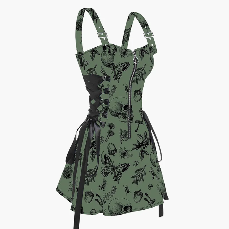 

Summer Dresses for Women 2024 Skull Animal Plant Print Buckle Strap Dress Lace Up Half Zipper Mini Dress Sundress Vestidos