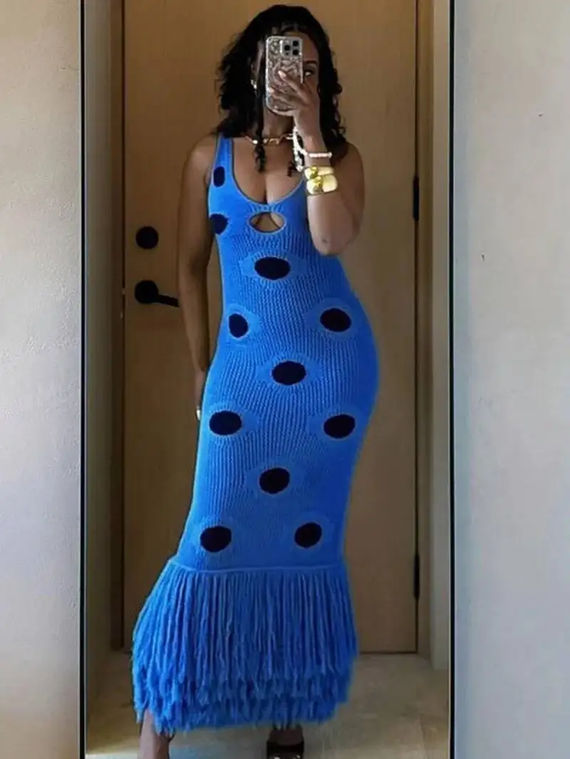 Women Sexy See Through Knitted Maxi Dress Hollow Out Deep Neck Pot Robes Tassel Hem Fork Party Vestidos New Lady Club Dress RS6G