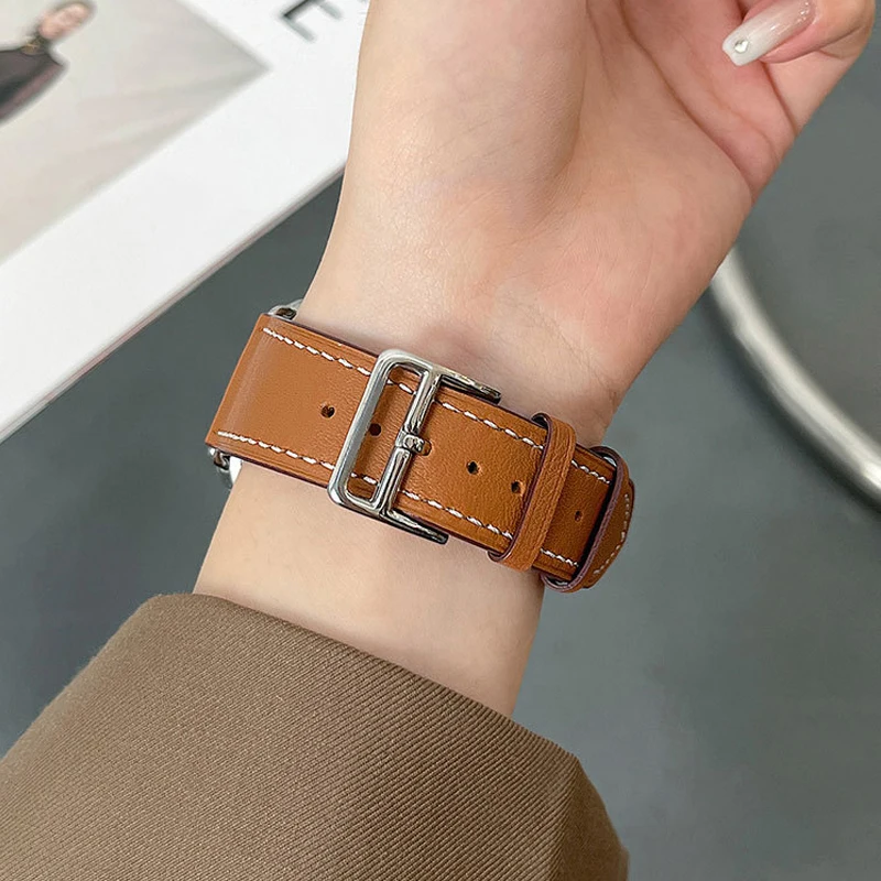 Hand stitched strap for Apple iwatch9 strap 8 7 6 Single loop leather wrist strap Leather for men and women 49 45 41 mm