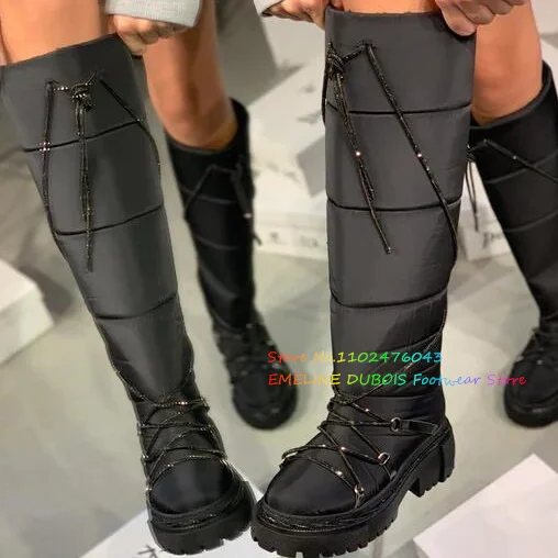 Down Cloth Cross Tied Knee High Boots Women Round Toe Thick Heel Crystal Band Bukcle Winter Mount Boots Warm Long Boots