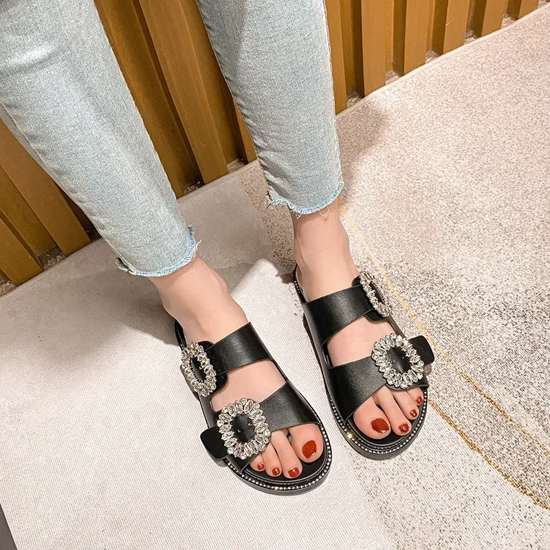 Rhinestone Crystal Buckle Slippers Women Brand Designer Crystal Double Flip Flops Female Platform Slides Sandals Big Size 43
