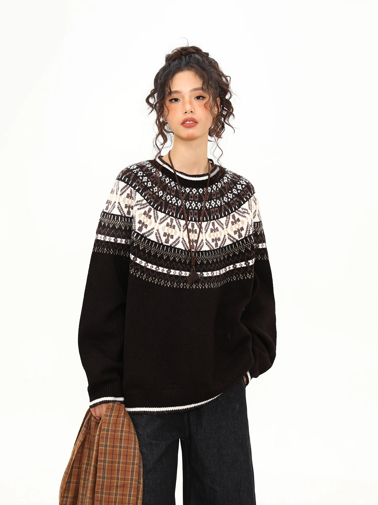 

Женский вязаный свитер в стиле ретро Wild American Fair Isle, осенне-зимний, уютный, мягкий, с круглым вырезом, трикотажный топ