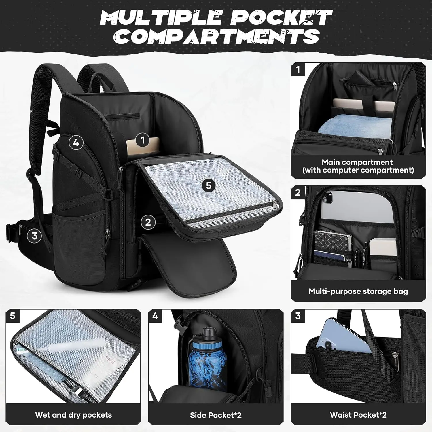 Tactical Backpack for Men, Water Resistant 40L Military Backpack, for Hiking, Camping, Gym with Molle System (Black)