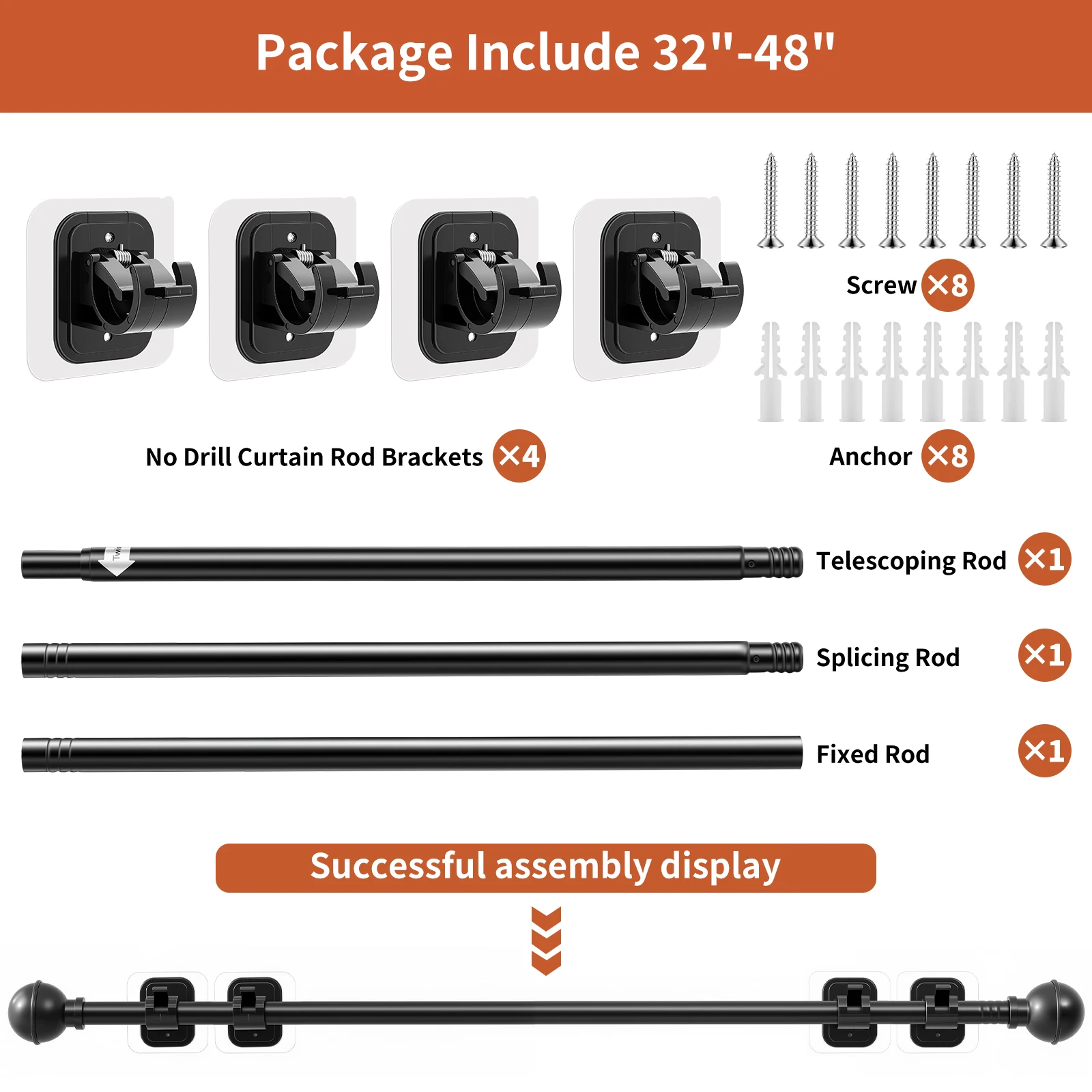 Modern Drape Curtain Rod 81-213cm, Renter Safe Self-Adhesive Brackets, Durable Iron for Indoor Outdoor Window Decor