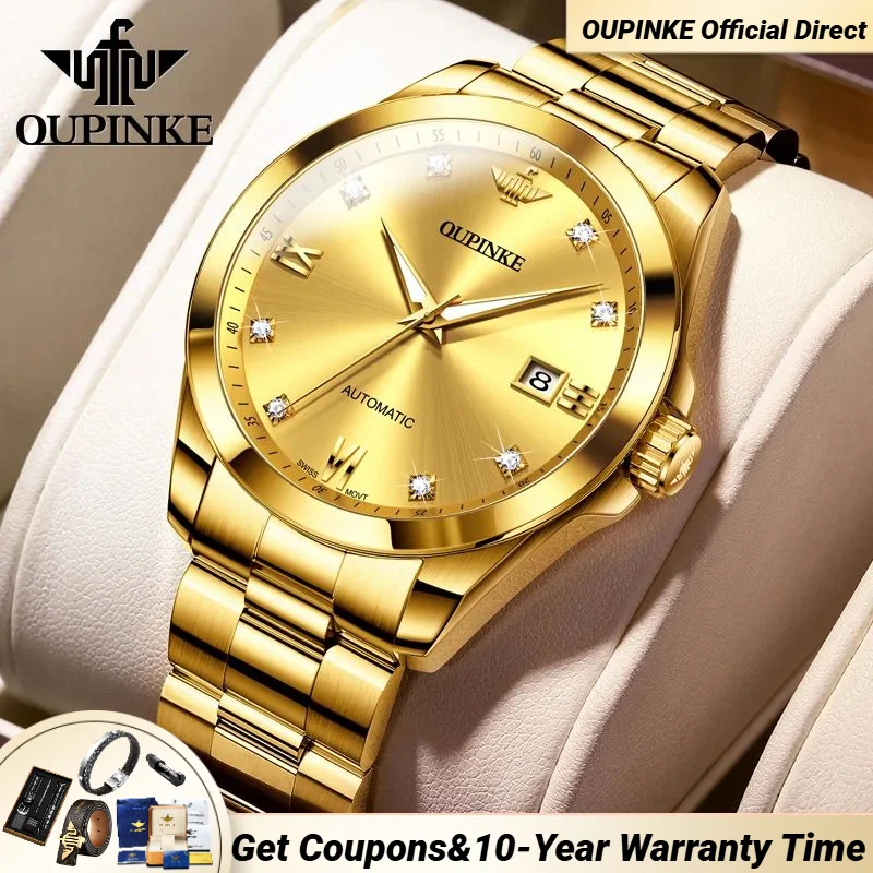 

Genuine OUPINKE Real Diamond Gold Men's Watches Swiss Automatic Movement Wrist watch TOP Luxury Brand Mature Men's Wristwatches