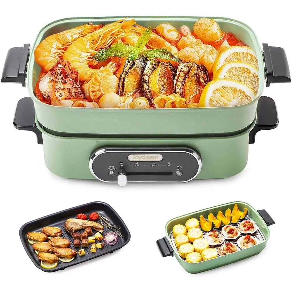 

3-in-1 Electric Hot Pot, Multi-use Shabhabu Pot with Grill Pan & Steamer, Non-stick Ceic Oil Coating, UL Listed, JD-HG9088G, Gre