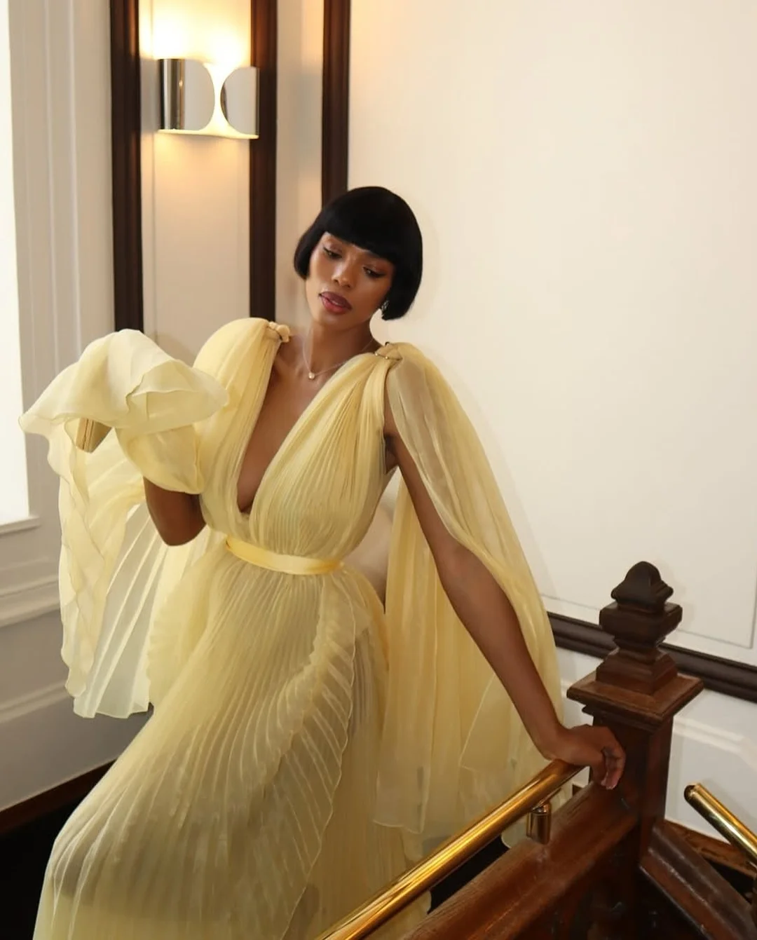 

Плиссированные вечерние платья трапециевидной формы с глубоким V-образным вырезом Светло-желтые длинные рукава длиной до пола, платье для выпускного вечера, женское вечернее платье для торжественных случаев